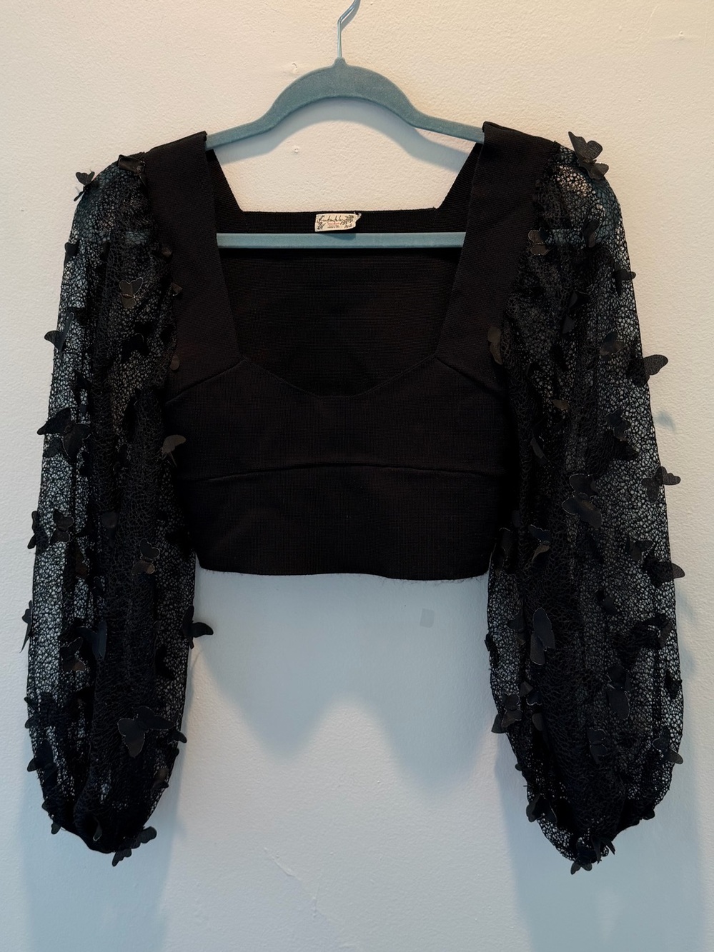 Intimately Free People Flutter Crop Top 3D Butterfly Black Sleeve Blouse Sz S - Picture 3 of 8